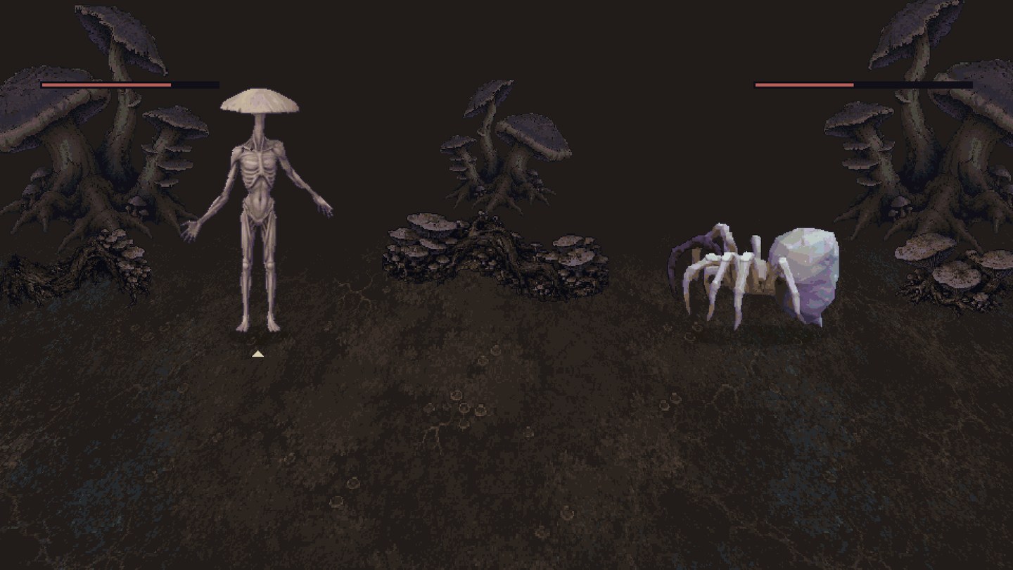 A Mycelid facing a Cave Spider whose leg has turned purple-black