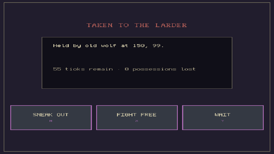 Taken to the larder: held by the old wolf, with options to sneak out, fight free or wait
