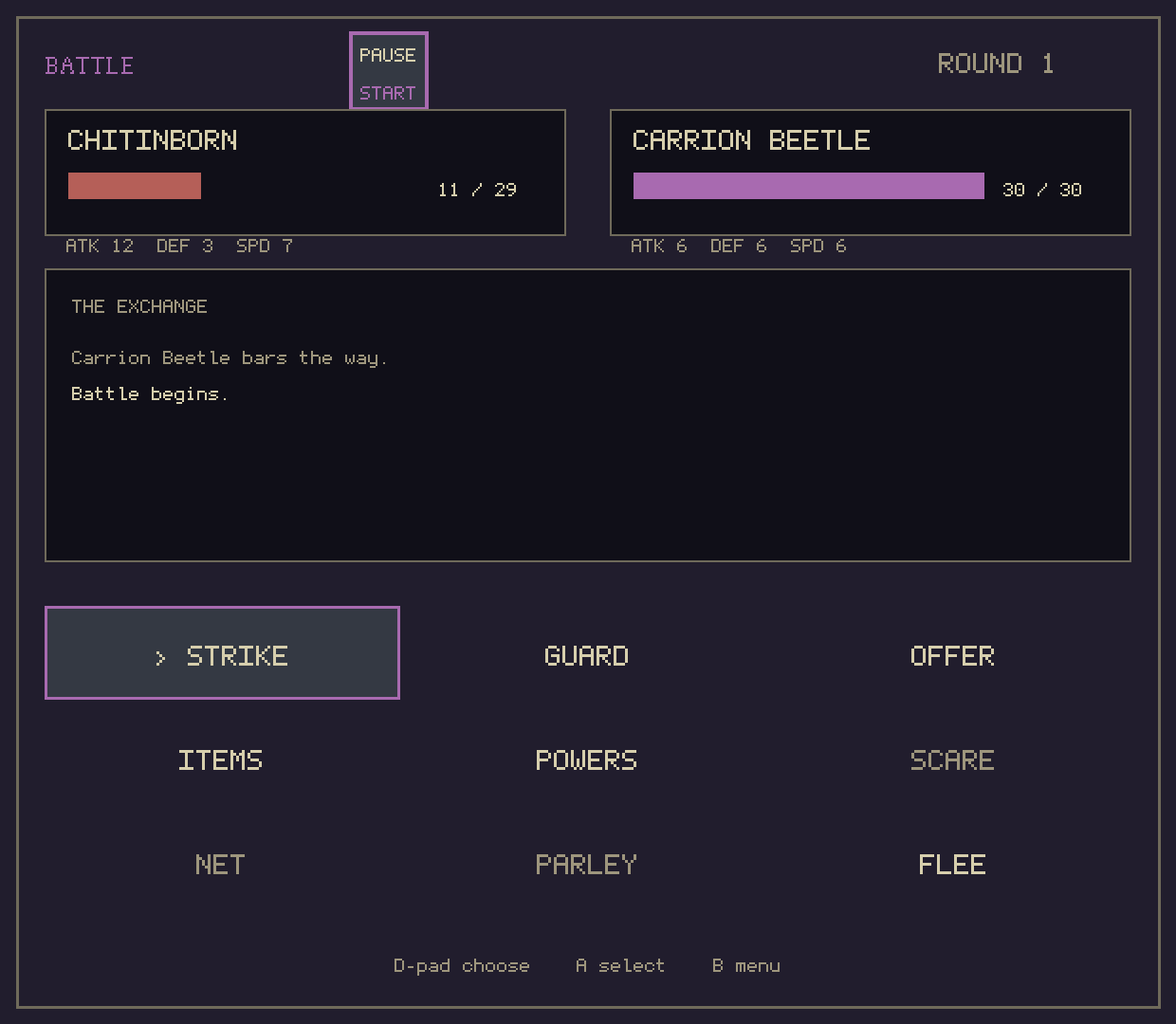 The battle menu: both fighters' health, the exchange log and nine commands