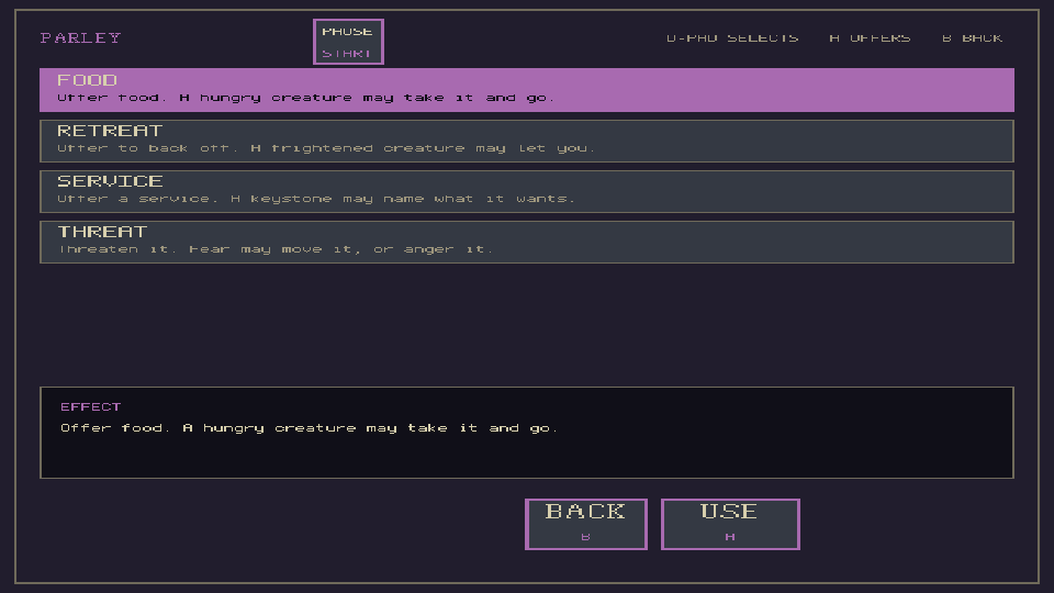 Parley options: food, retreat, service or threat