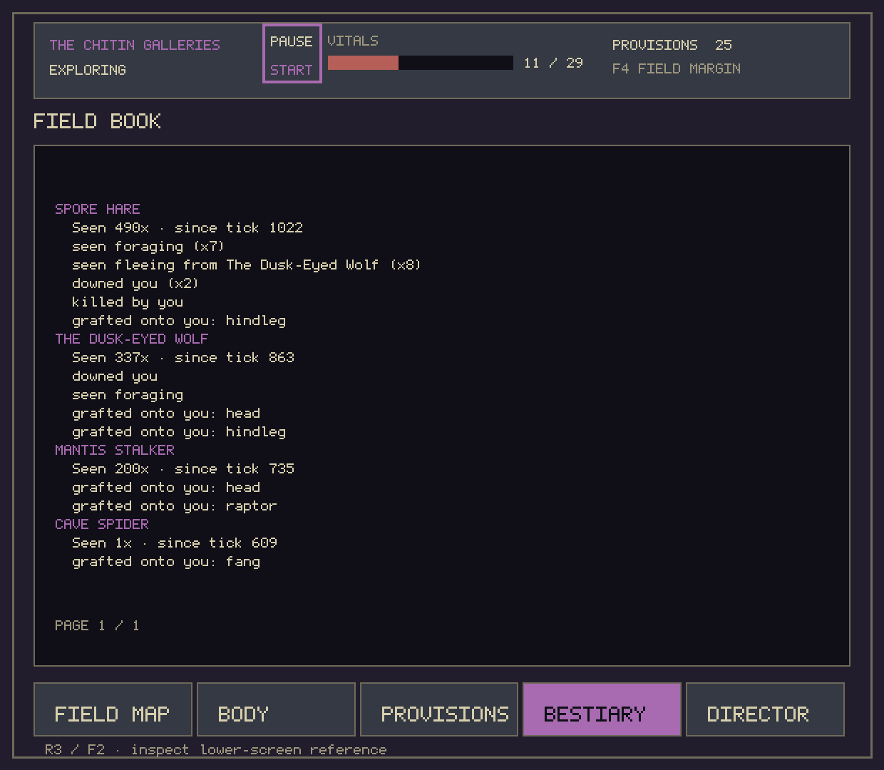 The Bestiary tab listing the creatures met so far