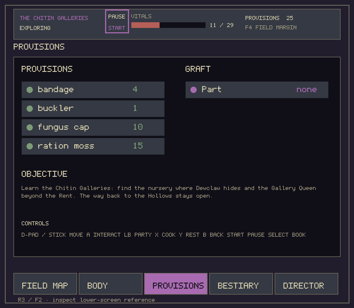 The Provisions tab: items carried, the graft slot, the current objective and the controls