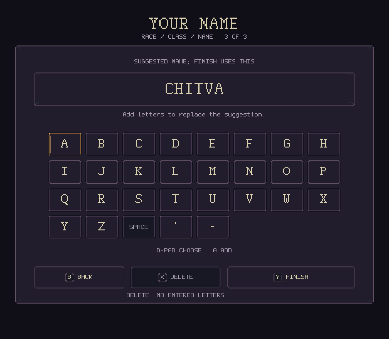 Character creation: enter a name