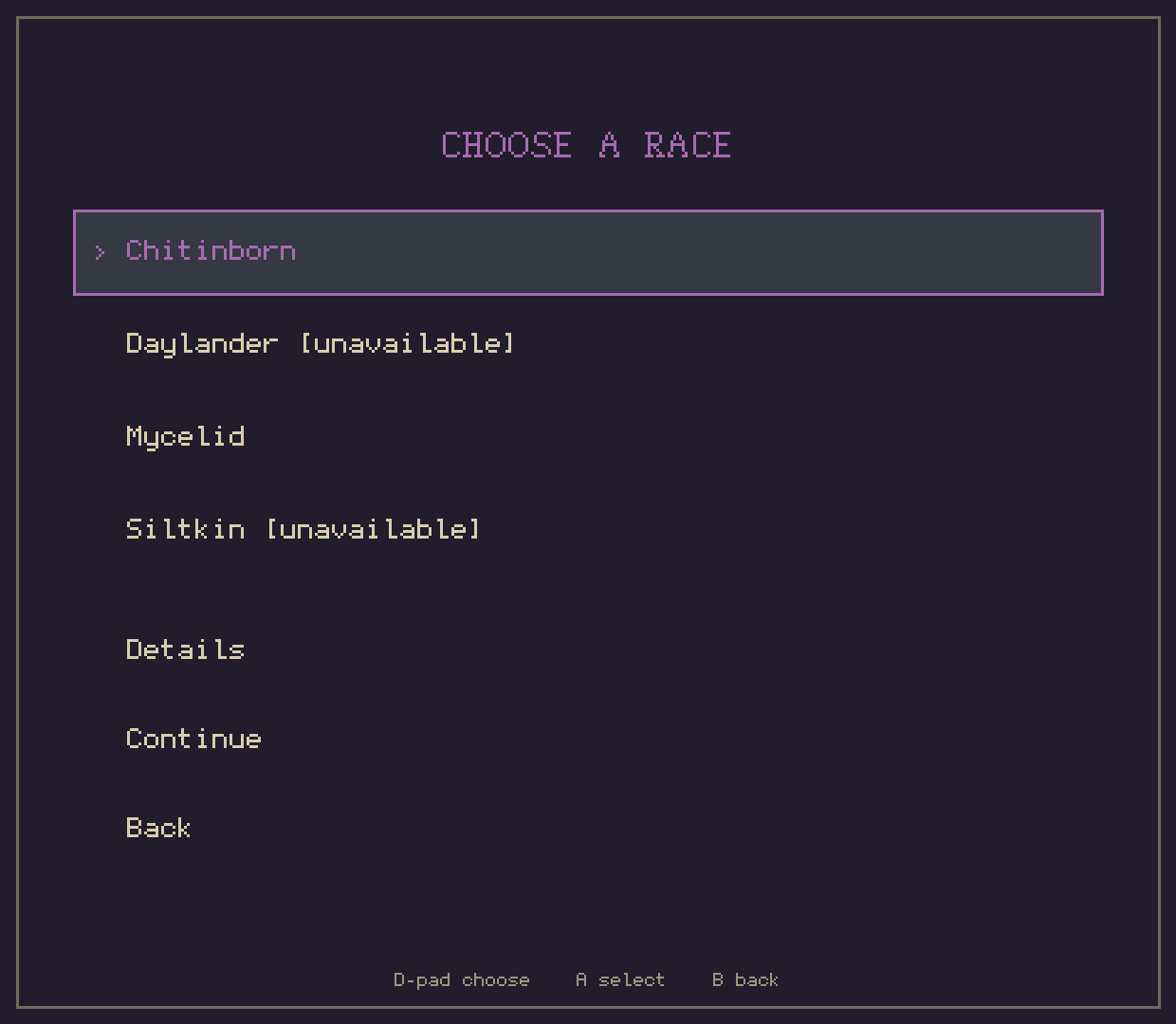 Character creation: choose a race