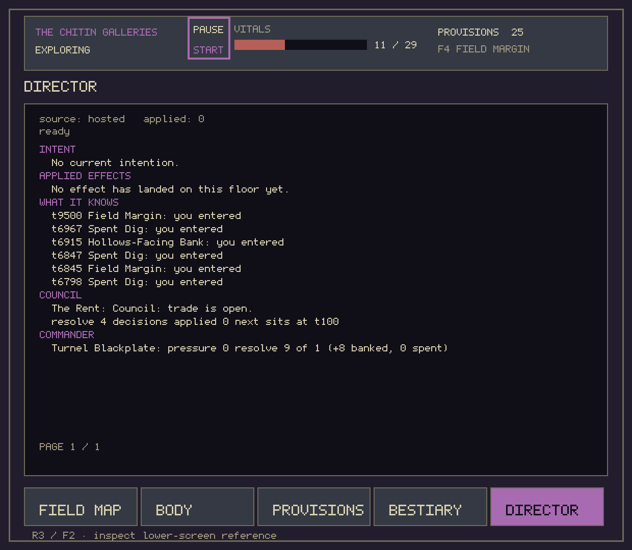 The Director panel showing effects applied to the world and a commander's suspicions