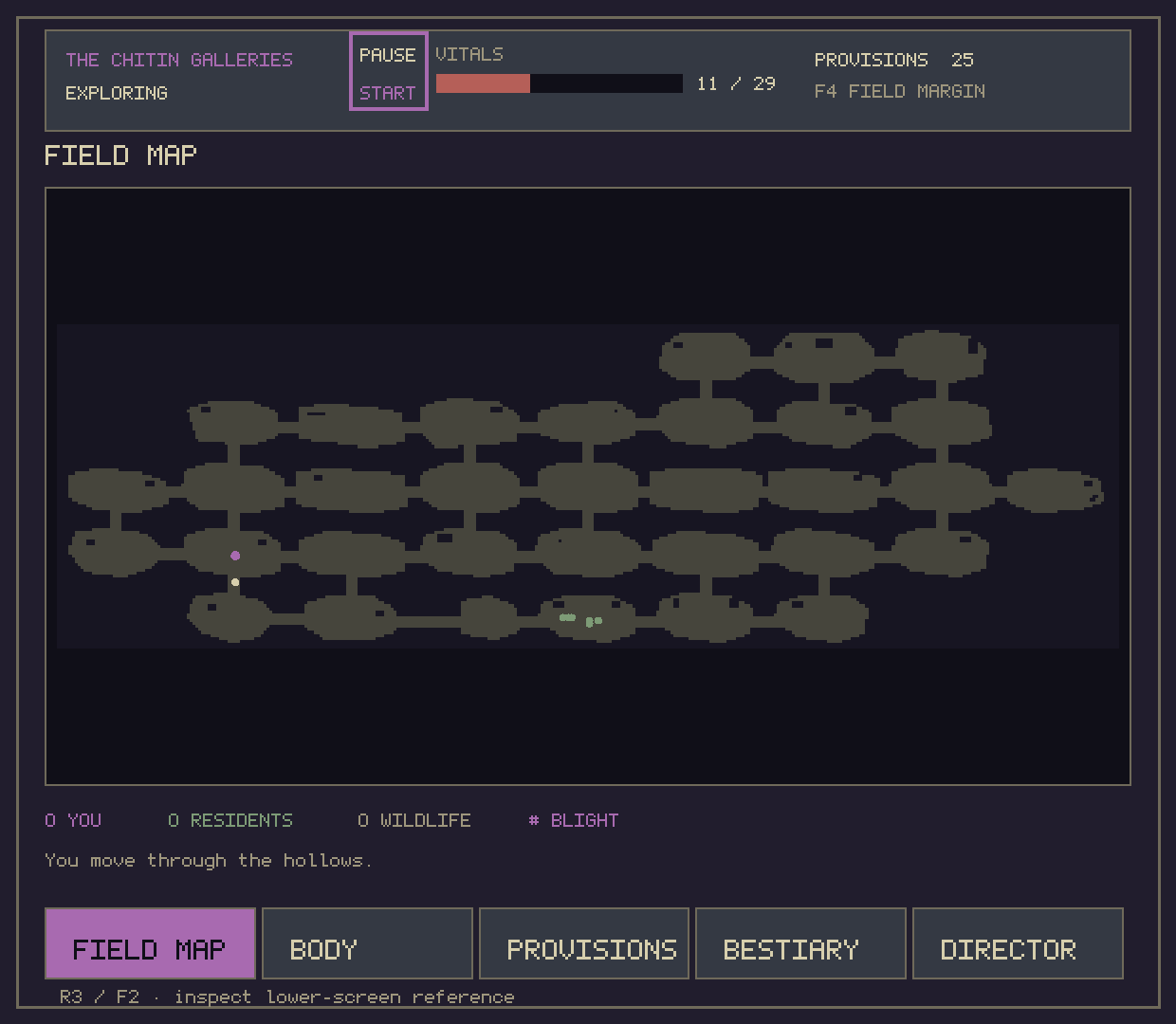 The lower display on the field map tab: vitals, provisions and the ground walked so far