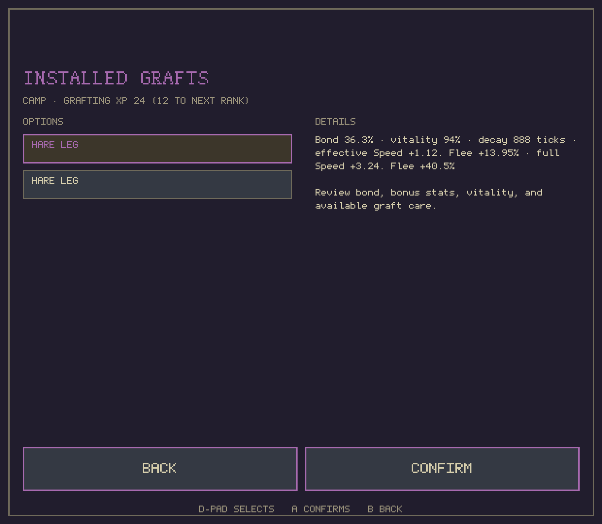 Installed grafts: bond 36.3 percent, effective Speed +1.12, decay 888 ticks
