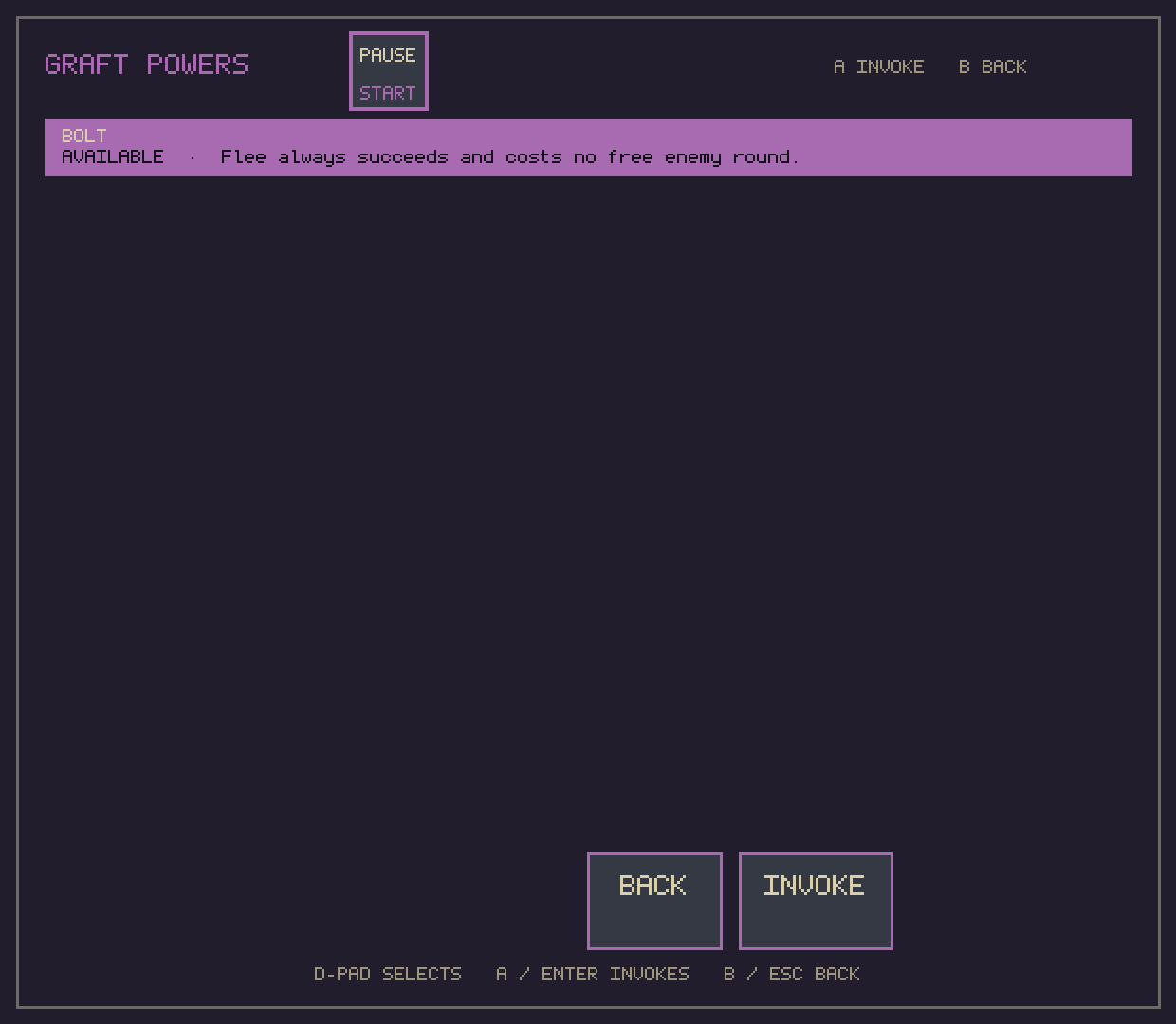 The graft powers list showing Bolt available