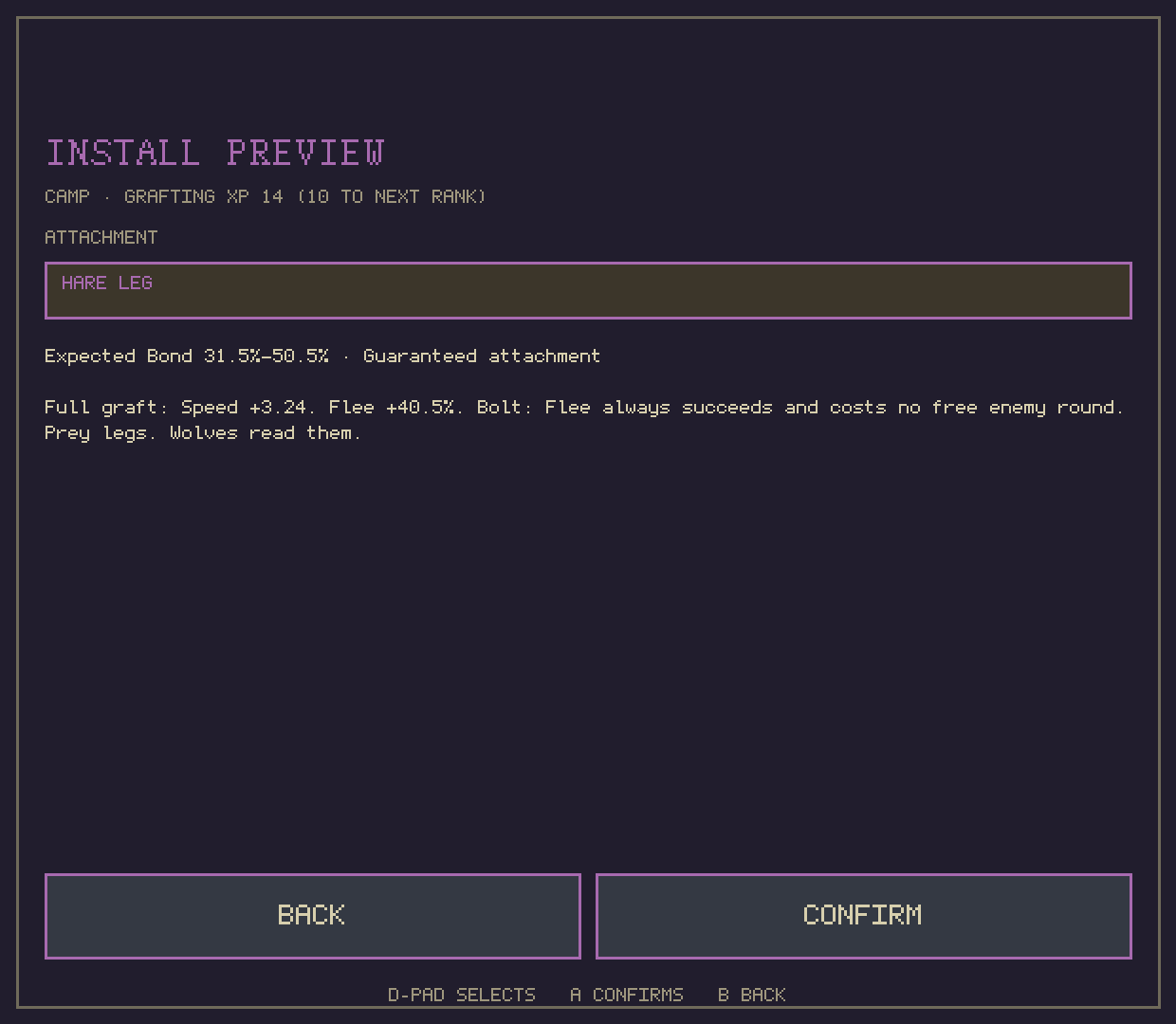 Install preview: expected bond 31.5 to 50.5 percent, Speed +3.24, Flee +40.5 percent, and the Bolt power