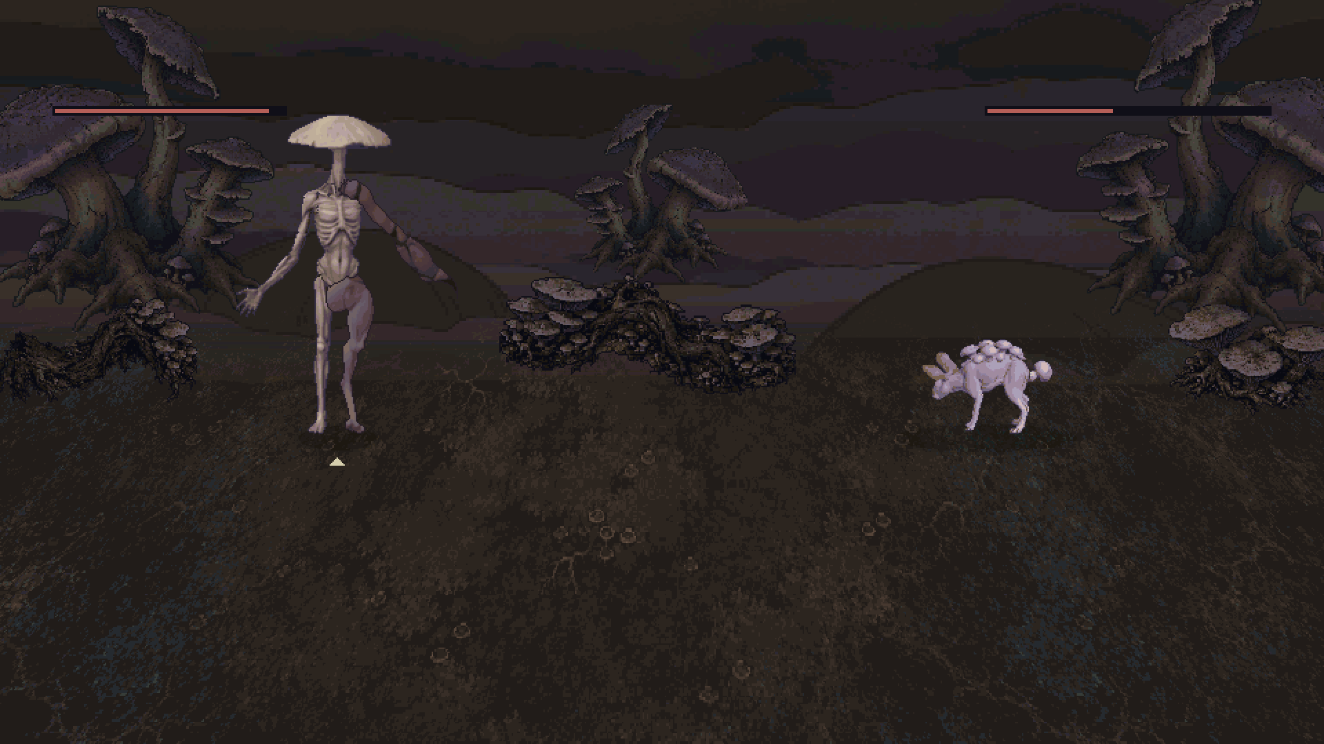 A Mycelid with a spider arm on its left side and a hare leg, facing a Spore Hare