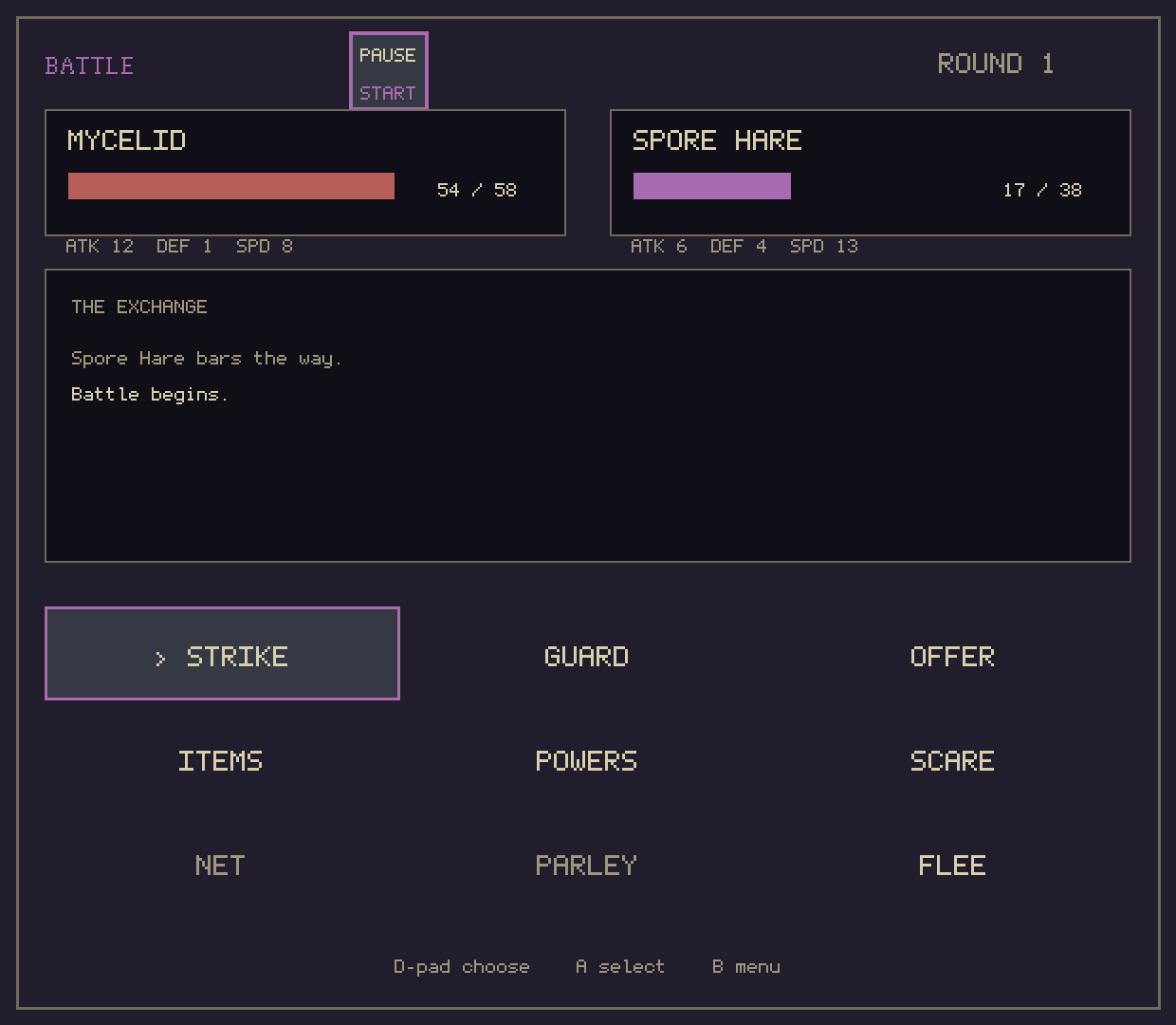 Battle menu: Mycelid 54/58 against a Spore Hare