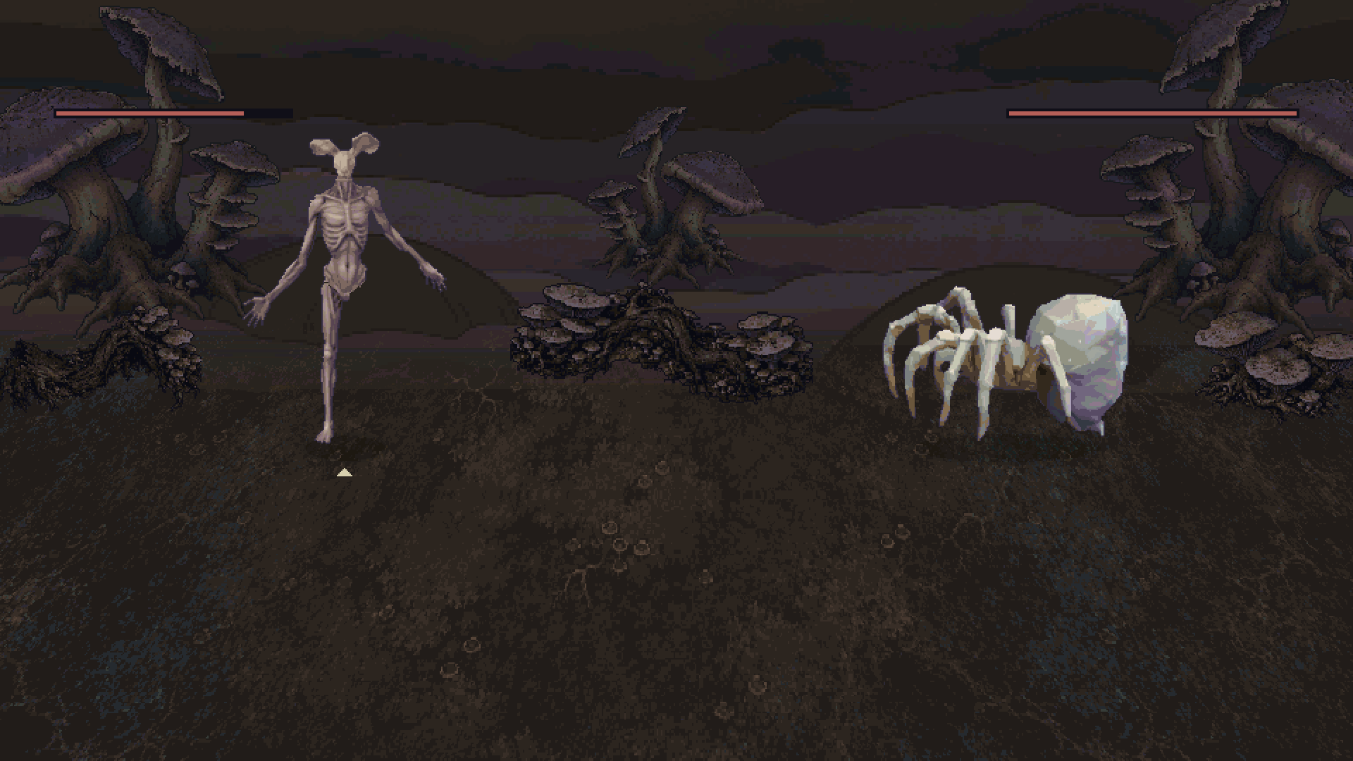 A Mycelid wearing a hare's head, facing a Cave Spider