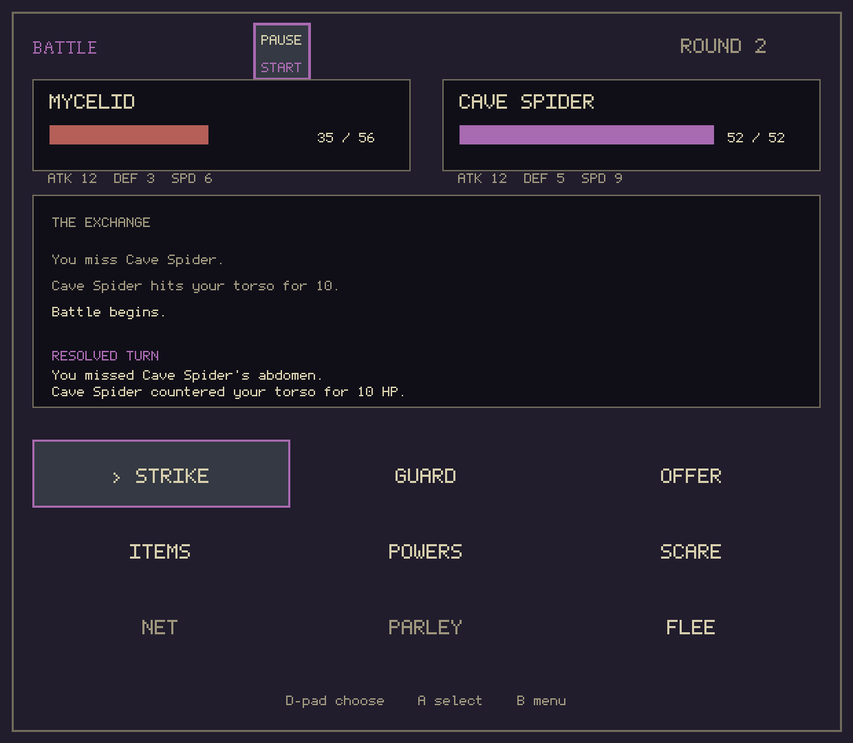 Battle menu: Mycelid 35/56 against a Cave Spider