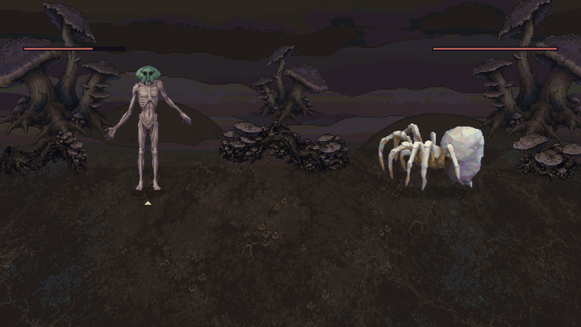 A Mycelid wearing a Cave Spider's head, facing a Cave Spider