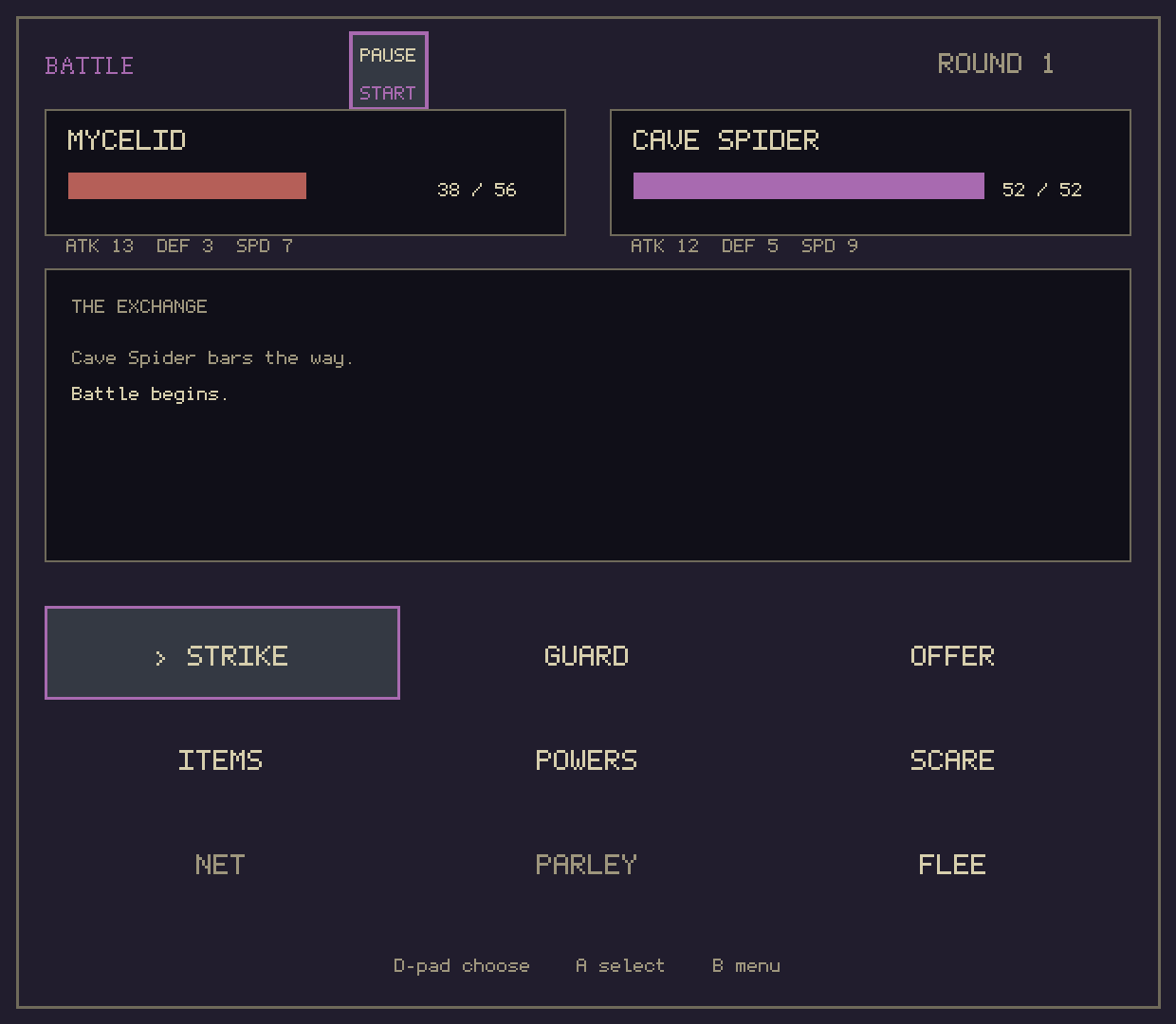 Battle menu: Mycelid 38/56 against a Cave Spider 52/52