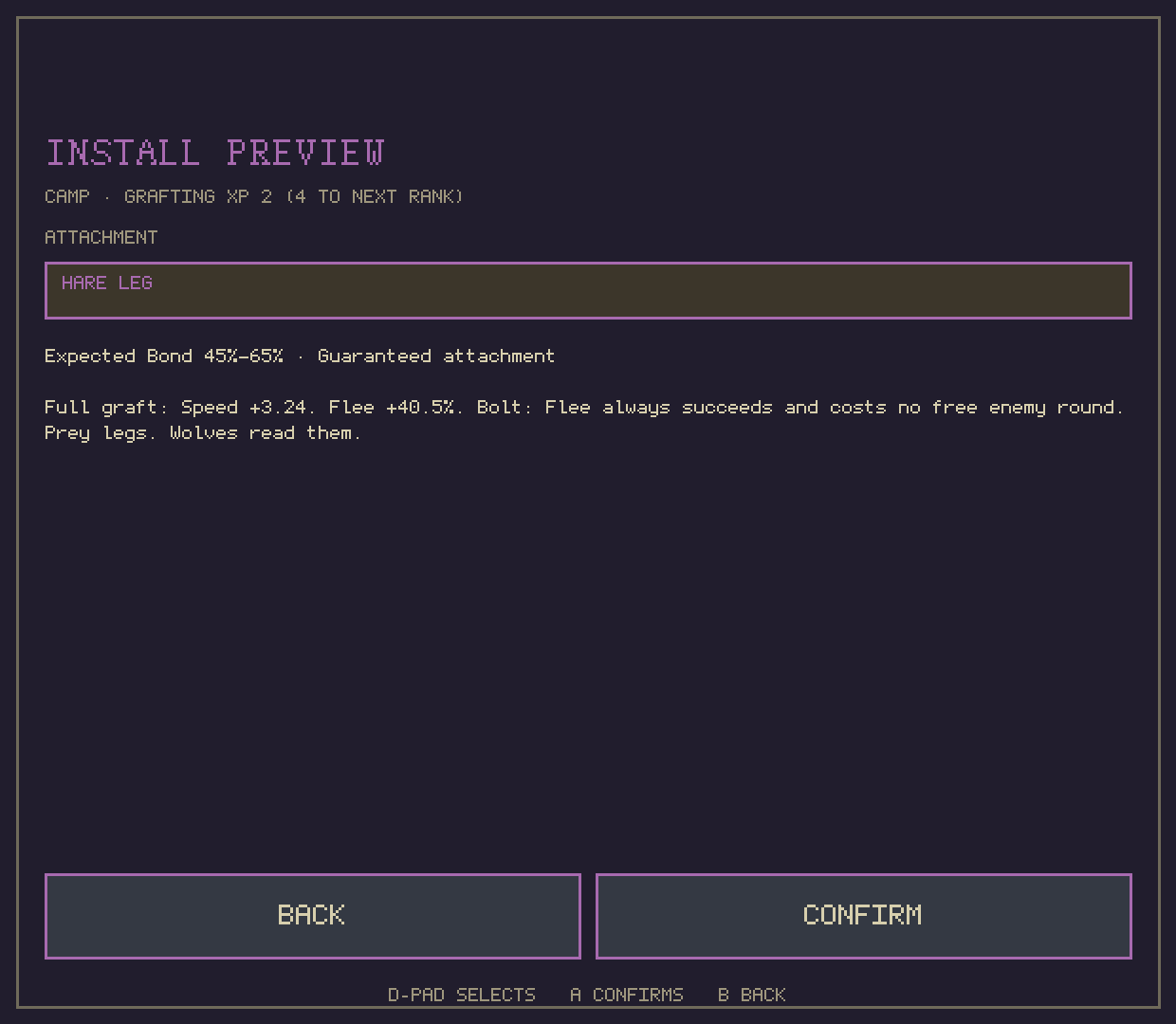 Install preview for the Hare Leg: Speed, Flee and the Bolt power