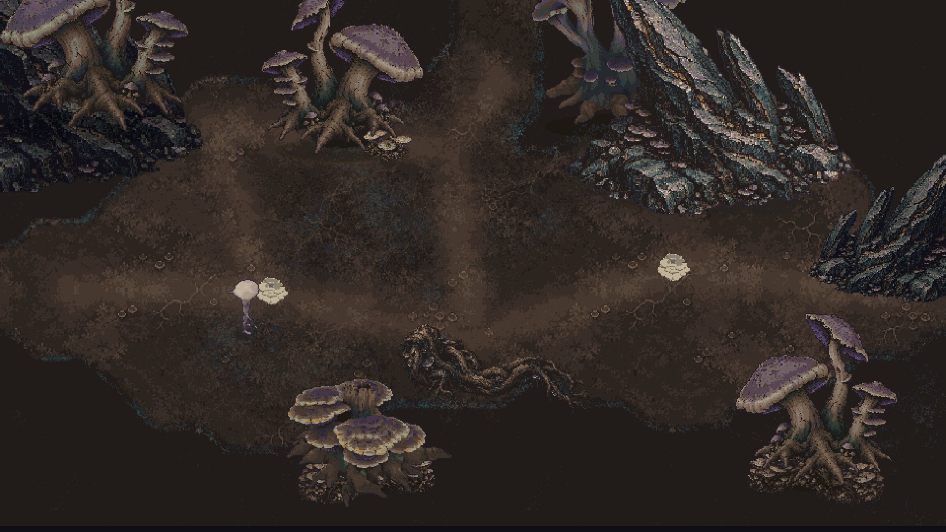 The Fungal Hollows: dirt paths winding between giant mushroom stands and ore spines